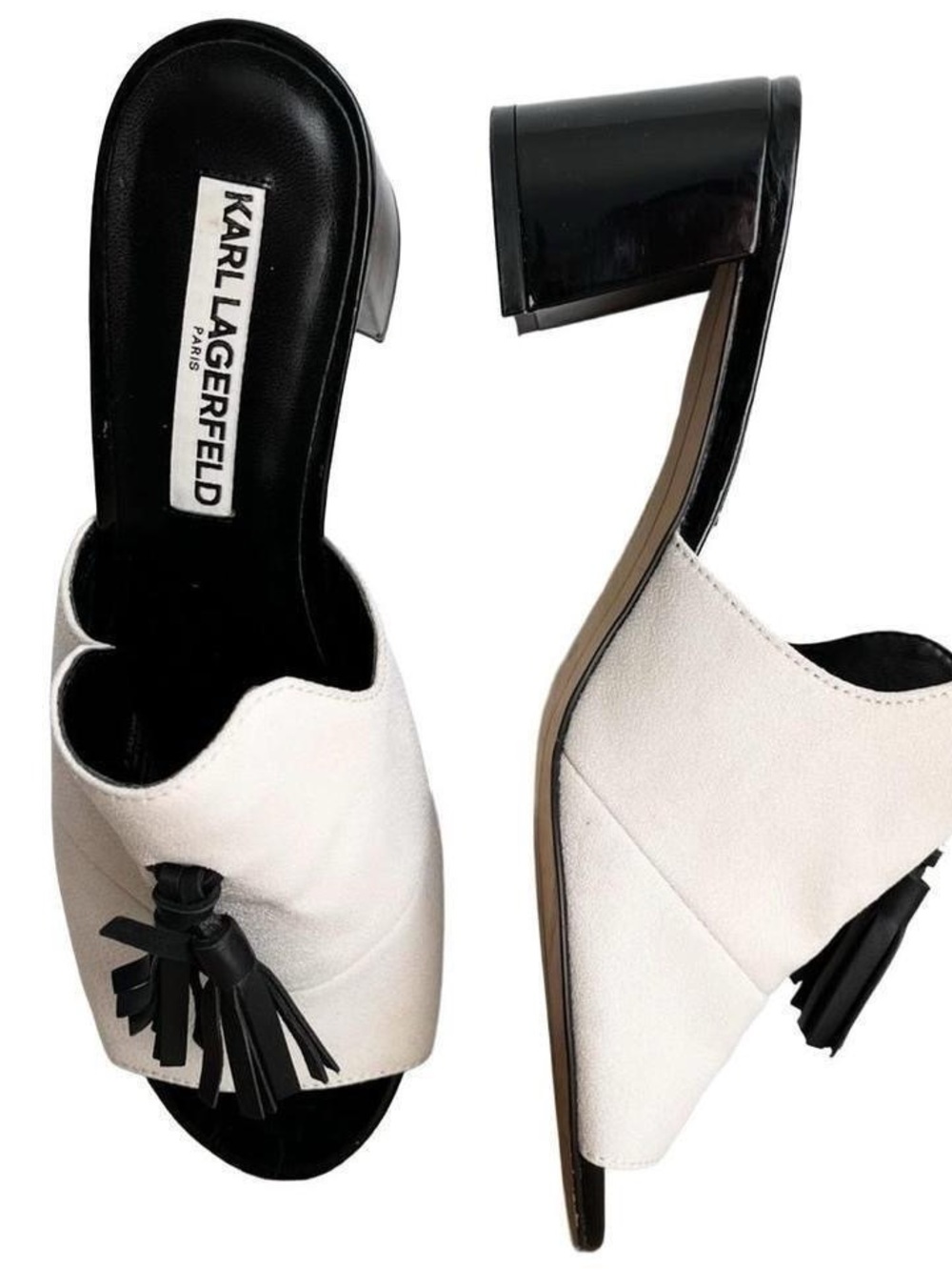 Karl Lagerfeld Vintage Black White Leather Tassel Block Heel Mules Slip On Shoes